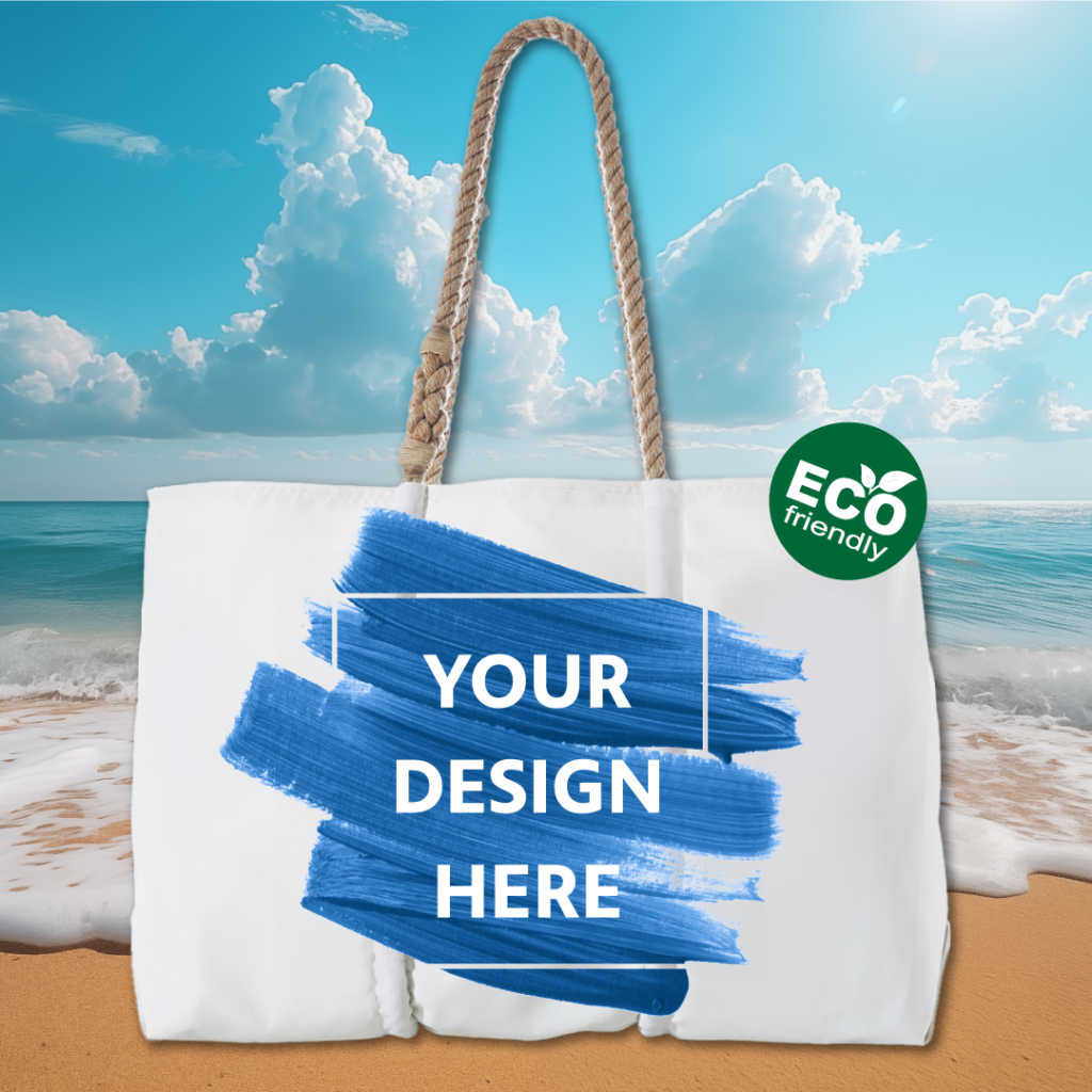 a mockup of a tote bag with text saying Your Design Here and an eco friendly circle in the corner on a beach background